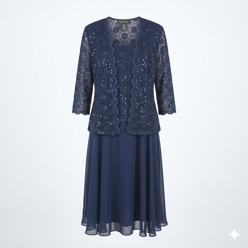 R&M Richards Navy Blue Lace Sequin Dress Jacket Set Size 12 Mother of the Bride
